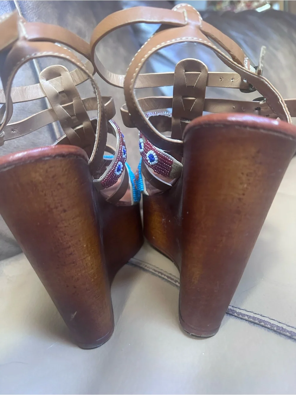 BAMBOO Tan Brown Platform Wedge Sandals with Turquoise & Purple Beaded Straps